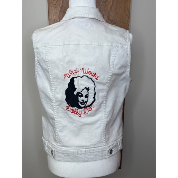 White Denim Vest "What Would Dolly Do?" Embroidery On Back Sleeveless Size M - Picture 1 of 16